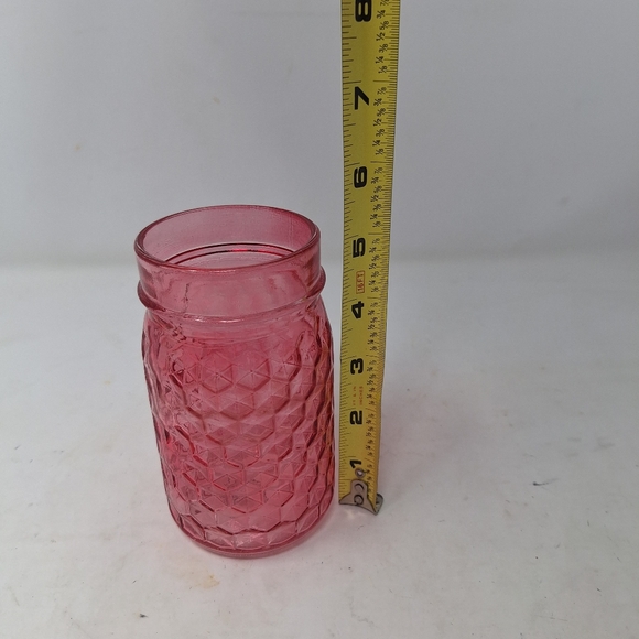 Pink Glass Mason Jar Hexagonal Stamped Patterned Vase 5.5 Inch Home Decor - Picture 6 of 7